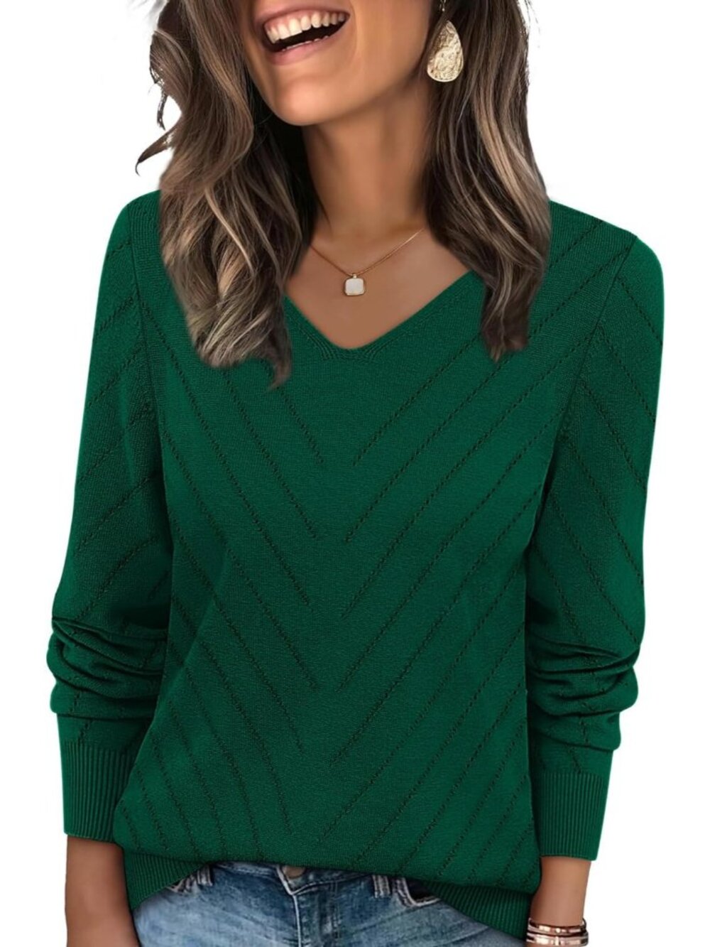 Women's Green V Neck Casual Knit Long Sleeve Lightweight Pullover Sweaters